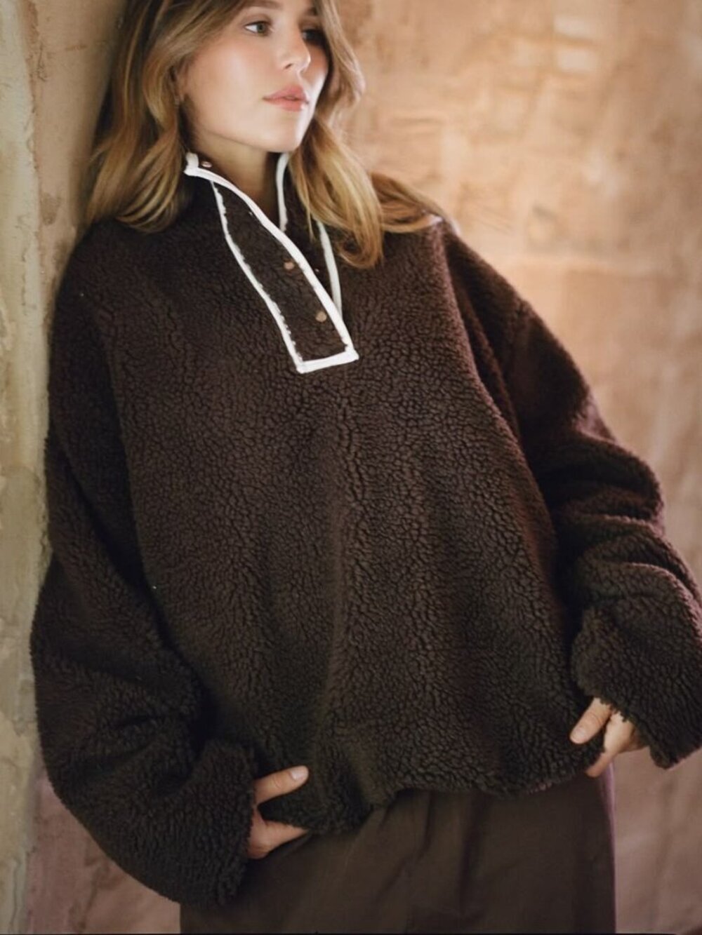 Parke Teddy Snap Pullover Fleece - Chocolate Brown - Size S/M